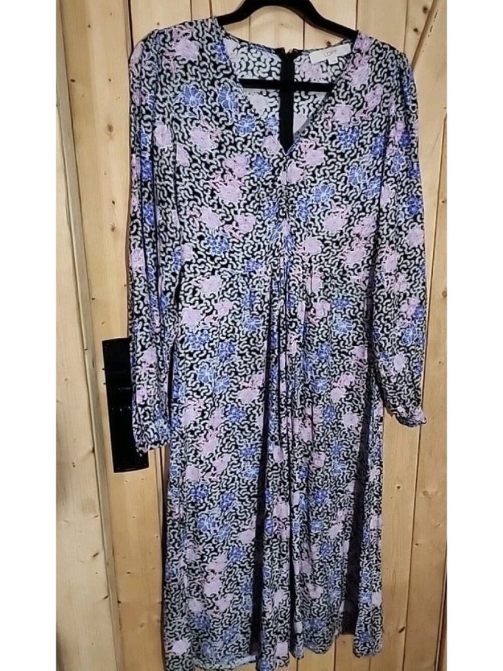 LOFT Midi Dress Womens 2 Pink Black‎ Floral Long Sleeve Boho Fairy Cottagecore